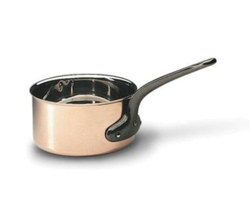 copper sauce pans from Matfer Bourgeat. Get six sizes to fit any culinary need, ranging from 9 1/2in. diameter and 6 3/8 quarts to 4 3/4in. diameter and 7/8 quarts. Professional-grade materials and craftsmanship ensures perfect heat conductivity and durability.  2.5 mm copper and 18/10 stainless steel.