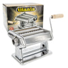 TITANIA MANUAL PASTA MACHINE: 
Monobloc chrome-plated steel machine with 3 cutters:
smooth, 2 mm fettuccine and 6.5 mm tagliatelle with
a detachable handle and table clamp. 7 1/2 x 6 3/10 x 4 7/10
